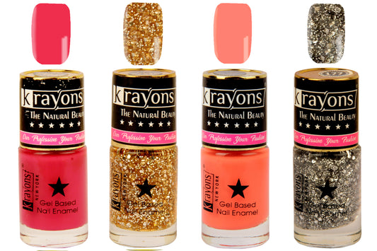 Krayons Gel Base Glossy Effect Nail Polish, Waterproof, Longlasting, Twilight Pink, Shimmer Silver, Shimmer Golden, Coral Peach, 6ml Each (Pack of 4)