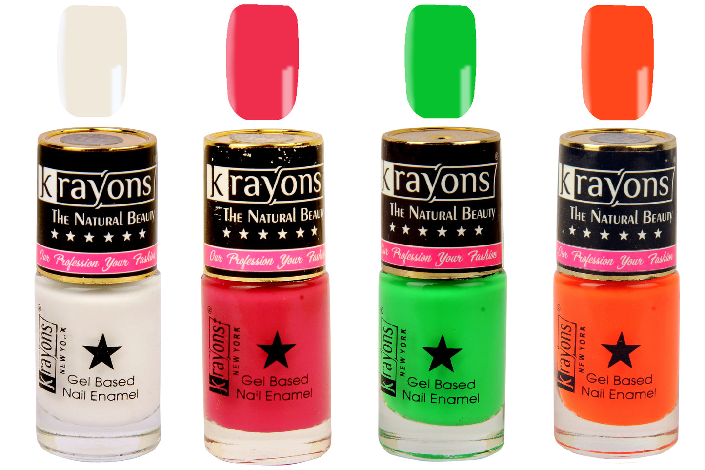 Krayons Gel Base Glossy Effect Nail Polish, Waterproof, Longlasting, Twilight Pink, Neon Green, White Canvas, Neon Orange, 6ml Each (Pack of 4)