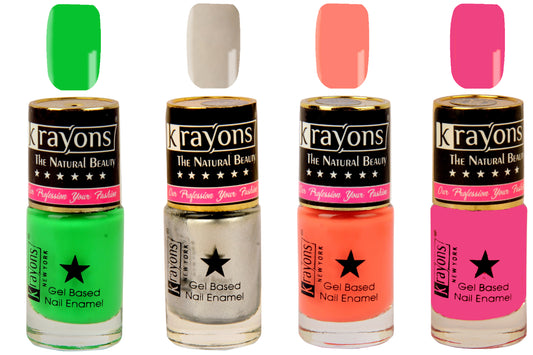 Krayons Gel Base Glossy Effect Nail Polish, Waterproof, Longlasting, Coral Peach, Neon Green, Angel Pink, Silver Grey, 6ml Each (Pack of 4)