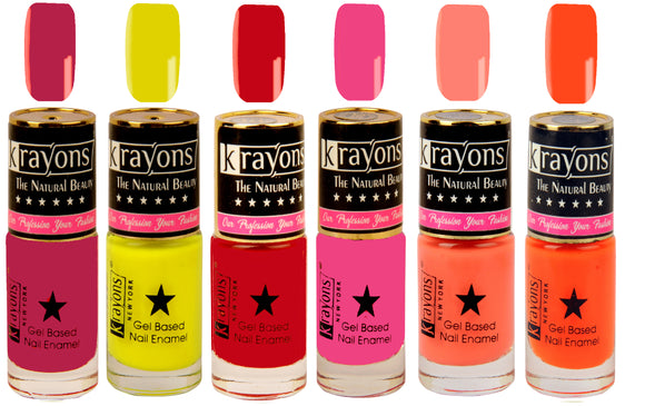 Krayons Gel Base Glossy Effect Nail Polish, Waterproof, Longlasting, Muticolor, 6ml Each (Pack of 6)
