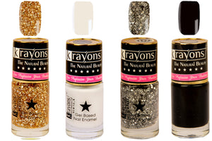 Krayons Gel Base Glossy Effect Nail Polish, Waterproof, Longlasting, Black Sea, White Canvas, Shimmer Golden, Shimmer Silver, 6ml Each (Pack of 4)