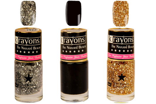 Krayons Gel Base Glossy Effect Nail Polish, Waterproof, Longlasting, Black Sea, Shimmer Silver, Shimmer Golden, 6ml Each (Pack of 3)