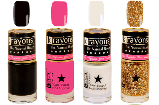 Krayons Gel Base Glossy Effect Nail Polish, Waterproof, Longlasting, Black Sea, Angel Pink, Shimmer Golden, White Canvas, 6ml Each (Pack of 4)