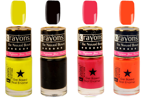 Krayons Gel Base Glossy Effect Nail Polish, Waterproof, Longlasting, Black Sea, Neon Yellow, Neon Orange, Twilight Pink, 6ml Each (Pack of 4)