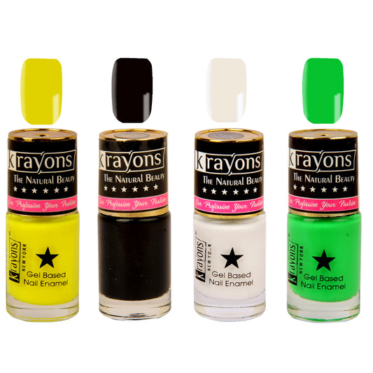 Krayons Gel Base Glossy Effect Nail Polish, Waterproof, Longlasting, White Canvas, Black Sea, Neon Yellow, Neon Green, 6ml Each (Pack of 4)