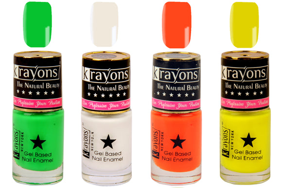 Krayons Gel Base Glossy Effect Nail Polish, Waterproof, Longlasting, White Canvas, Neon Yellow, Neon Green, Neon Orange, 6ml Each (Pack of 4)