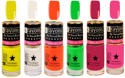 Krayons Gel Base Glossy Effect Nail Polish, Waterproof, Longlasting, Muticolor, 6ml Each (Pack of 6)