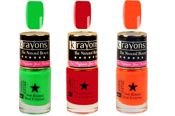 Krayons Gel Base Glossy Effect Nail Polish, Waterproof, Longlasting, Signal Red, Neon Orange, Neon Green, 6ml Each (Pack of 3)