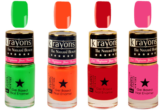 Krayons Gel Base Glossy Effect Nail Polish, Waterproof, Longlasting, Signal Red, Neon Green, Angel Pink, Neon Orange, 6ml Each (Pack of 4)
