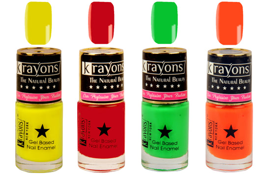 Krayons Gel Base Glossy Effect Nail Polish, Waterproof, Longlasting, Signal Red, Neon Yellow, Neon Green, Neon Orange, 6ml Each (Pack of 4)