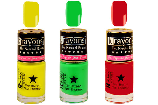 Krayons Gel Base Glossy Effect Nail Polish, Waterproof, Longlasting, Signal Red, Neon Yellow, Neon Green, 6ml Each (Pack of 3)