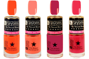 Krayons Gel Base Glossy Effect Nail Polish, Waterproof, Longlasting, Neon Orange, Twilight Pink, Scarlet Red, Coral Peach, 6ml Each (Pack of 4)