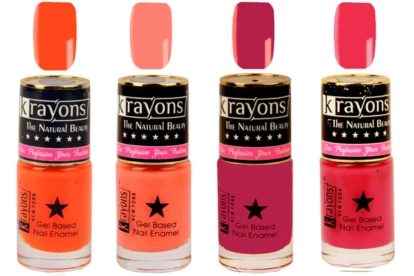 Krayons Gel Base Glossy Effect Nail Polish, Waterproof, Longlasting, Neon Orange, Twilight Pink, Scarlet Red, Coral Peach, 6ml Each (Pack of 4)
