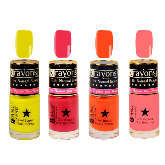 Krayons Gel Base Glossy Effect Nail Polish, Waterproof, Longlasting, Neon Yellow, Neon Orange, Sunset Orange, Twilight Pink, 6ml Each (Pack of 4)