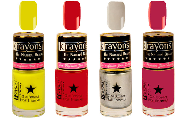 Krayons Gel Base Glossy Effect Nail Polish, Waterproof, Longlasting, Siver Grey, Signal Red, Neon Yellow, Scarlet Red, 6ml Each (Pack of 4)