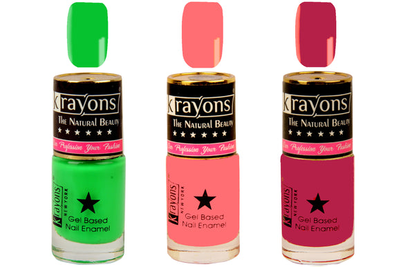 Krayons Gel Base Glossy Effect Nail Polish, Waterproof, Longlasting, Sunset Orange, Neon Green, Scarlet Red, 6ml Each (Pack of 3)