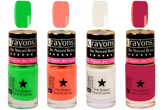 Krayons Gel Base Glossy Effect Nail Polish, Waterproof, Longlasting, Scarlet Red, White Canvas, Coral Peach, Neon Green, 6ml Each (Pack of 4)