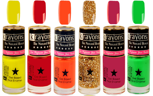Krayons Gel Base Glossy Effect Nail Polish, Waterproof, Longlasting, Muticolor, 6ml Each (Pack of 6)