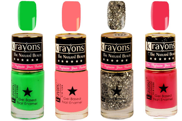 Krayons Gel Base Glossy Effect Nail Polish, Waterproof, Longlasting, Shimmer Silver, Sunset Orange, Neon Green, Twilight Pink, 6ml Each (Pack of 4)