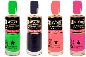 Krayons Gel Base Glossy Effect Nail Polish, Waterproof, Longlasting, Angel Pink, Deep Blue, Sunset Orange, Neon Green, 6ml Each (Pack of 4)