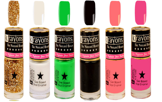 Krayons Gel Base Glossy Effect Nail Polish, Waterproof, Longlasting, Muticolor, 6ml Each (Pack of 6)