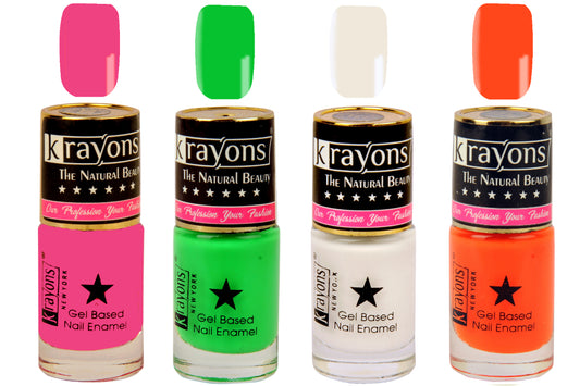 Krayons Gel Base Glossy Effect Nail Polish, Waterproof, Longlasting, Angel Pink, Neon Green, White Canvas, Neon Orange, 6ml Each (Pack of 4)