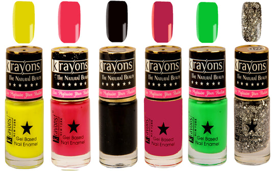 Krayons Gel Base Glossy Effect Nail Polish, Waterproof, Longlasting, Muticolor, 6ml Each (Pack of 6)