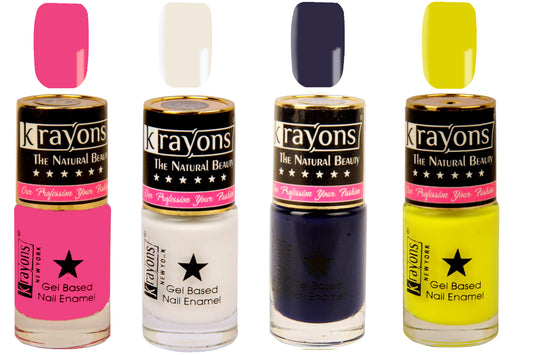 Krayons Gel Base Glossy Effect Nail Polish, Waterproof, Longlasting, Neon Yellow, White Canvas, Deep Blue, Angel Pink, 6ml Each (Pack of 4)