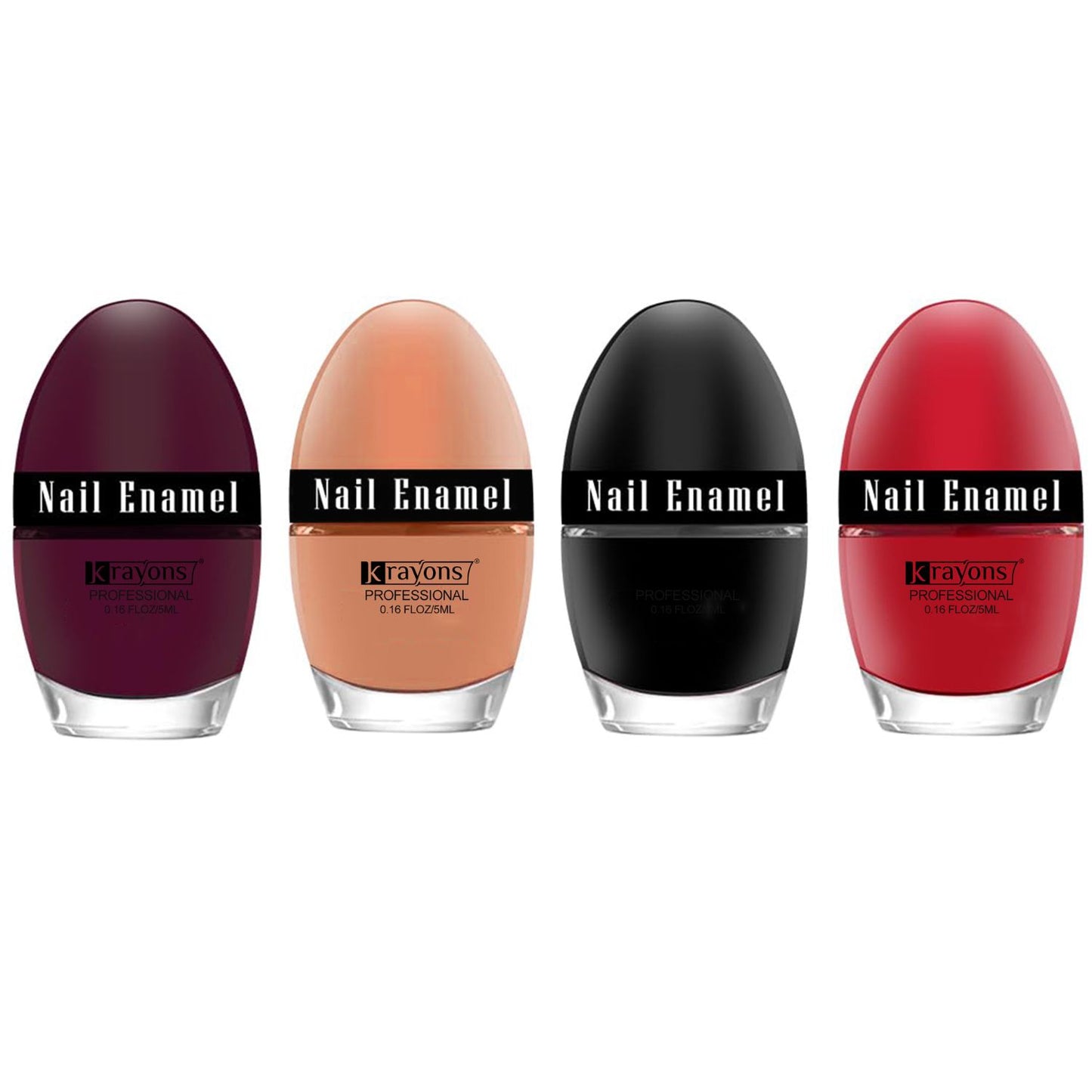 Krayons Professional Glossy Nail Paint, 5ml Each, Pack of 4 (Maroon, Nude Beige, Black Shadow, Blood Red)