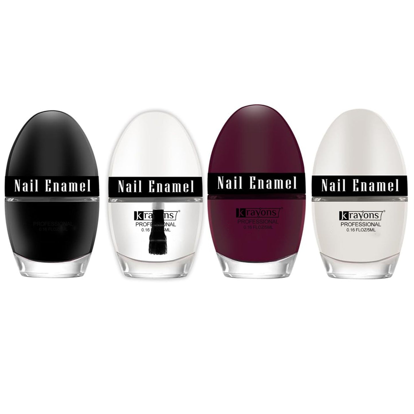 Krayons Professional Glossy Nail Paint, 5ml Each, Pack of 4 (Maroon, Top Coat, Black Shadow, White Snow)