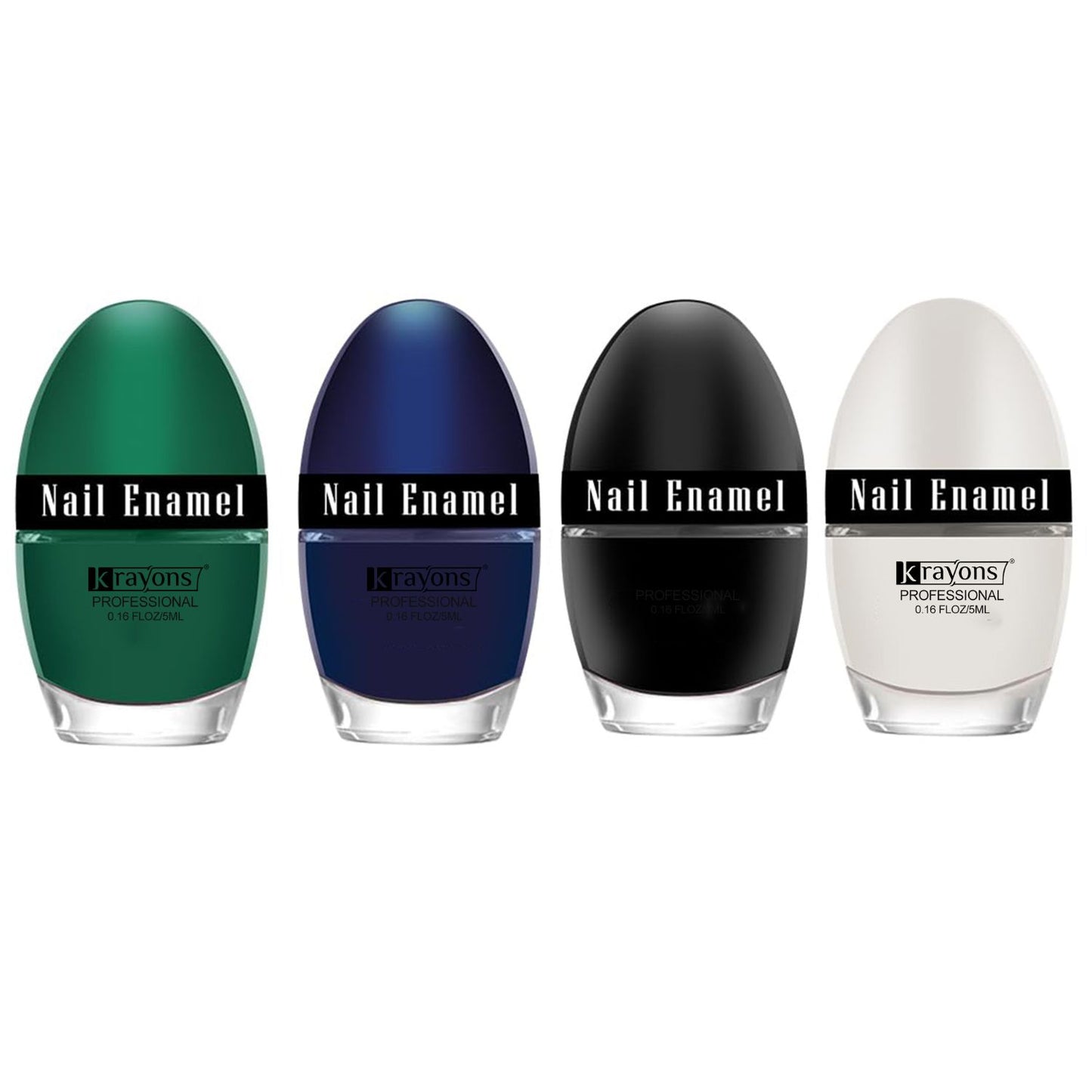 Krayons Professional Glossy Nail Paint, 5ml Each, Pack of 4 (Dark Green, Blue Ink, Black Shadow, White Snow)