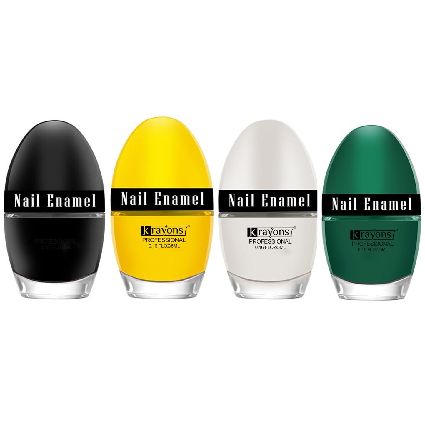 Krayons Professional Glossy Nail Paint, 5ml Each, Pack of 4 (Dark Green, Lemon Yellow, White Snow, Black Shadow)