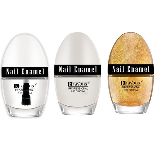 Krayons Professional Glossy Nail Paint, 5ml Each, Pack of 3 (Top Coat, White Snow, Golden Glitter)