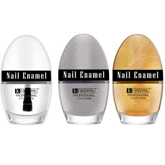 Krayons Professional Glossy Nail Paint, 5ml Each, Pack of 3 (Silver Glitter, Top Coat, Golden Glitter)