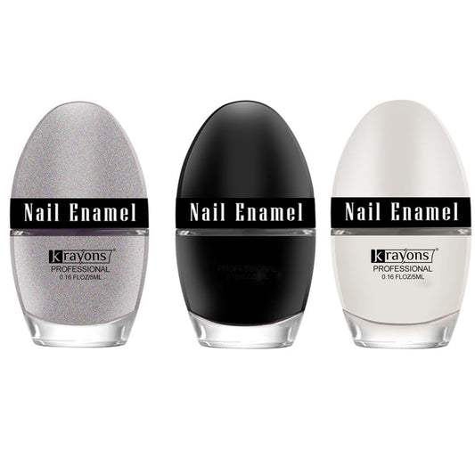 Krayons Professional Glossy Nail Paint, 5ml Each, Pack of 3 (Black Shadow, White Snow, Silver Glitter)