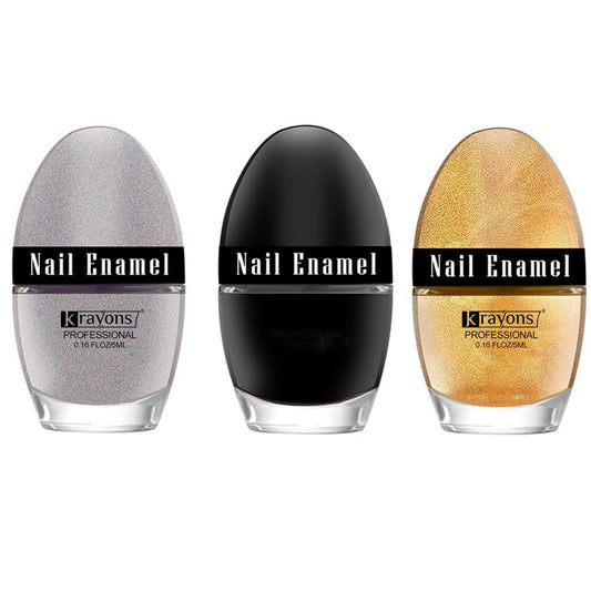 Krayons Professional Glossy Nail Paint, 5ml Each, Pack of 3 (Black Shadow, Silver Glitter, Golden Glitter)