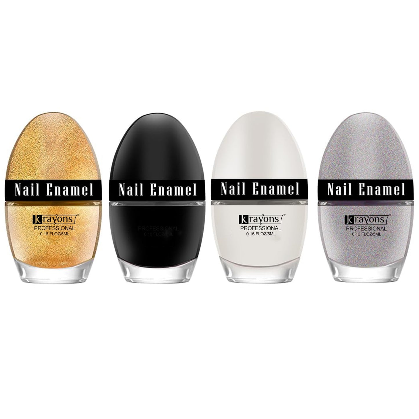Krayons Professional Glossy Nail Paint, 5ml Each, Pack of 4 (Golden Glitter, Black Shadow, White Snow, Silver Glitter)