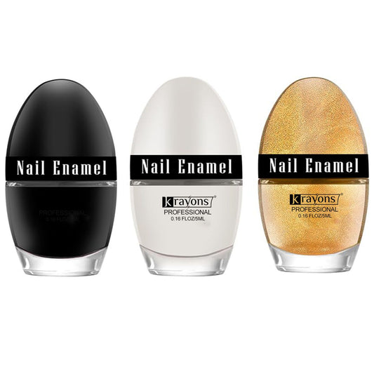 Krayons Professional Glossy Nail Paint, 5ml Each, Pack of 3 (Black Shadow, White Snow, Golden Glitter)