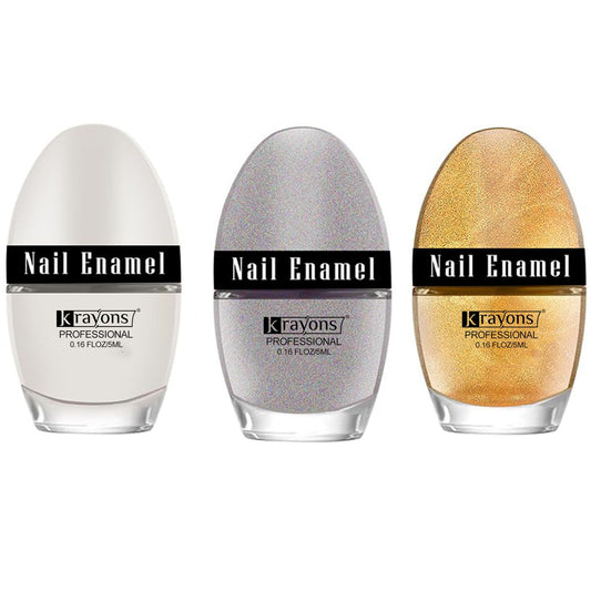 Krayons Professional Glossy Nail Paint, 5ml Each, Pack of 3 (White Snow, Silver Glitter, Golden Glitter)