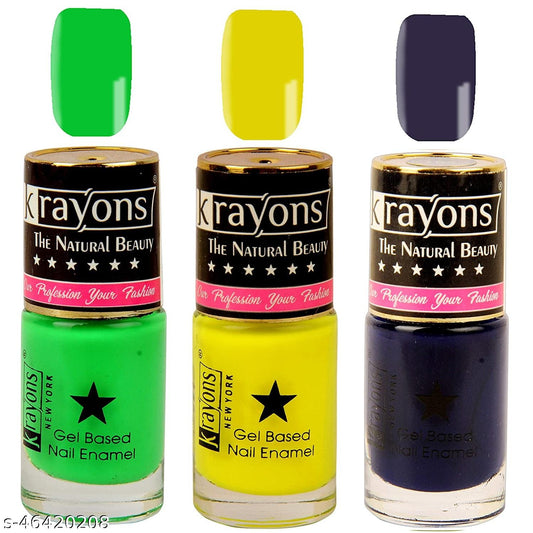 Krayons Gel Base Glossy Effect Nail Polish, Waterproof, Longlasting, Neon Yellow, Neon Green, Deep Blue, 6ml Each (Pack of 3)