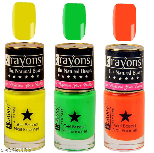 Krayons Gel Base Glossy Effect Nail Polish, Waterproof, Longlasting, Neon Yellow, Neon Green, Neon Orange, 6ml Each (Pack of 3)