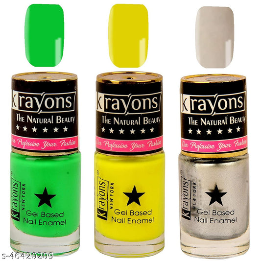 Krayons Gel Base Glossy Effect Nail Polish, Waterproof, Longlasting, Neon Yellow, Neon Green, Silver Grey, 6ml Each (Pack of 3)