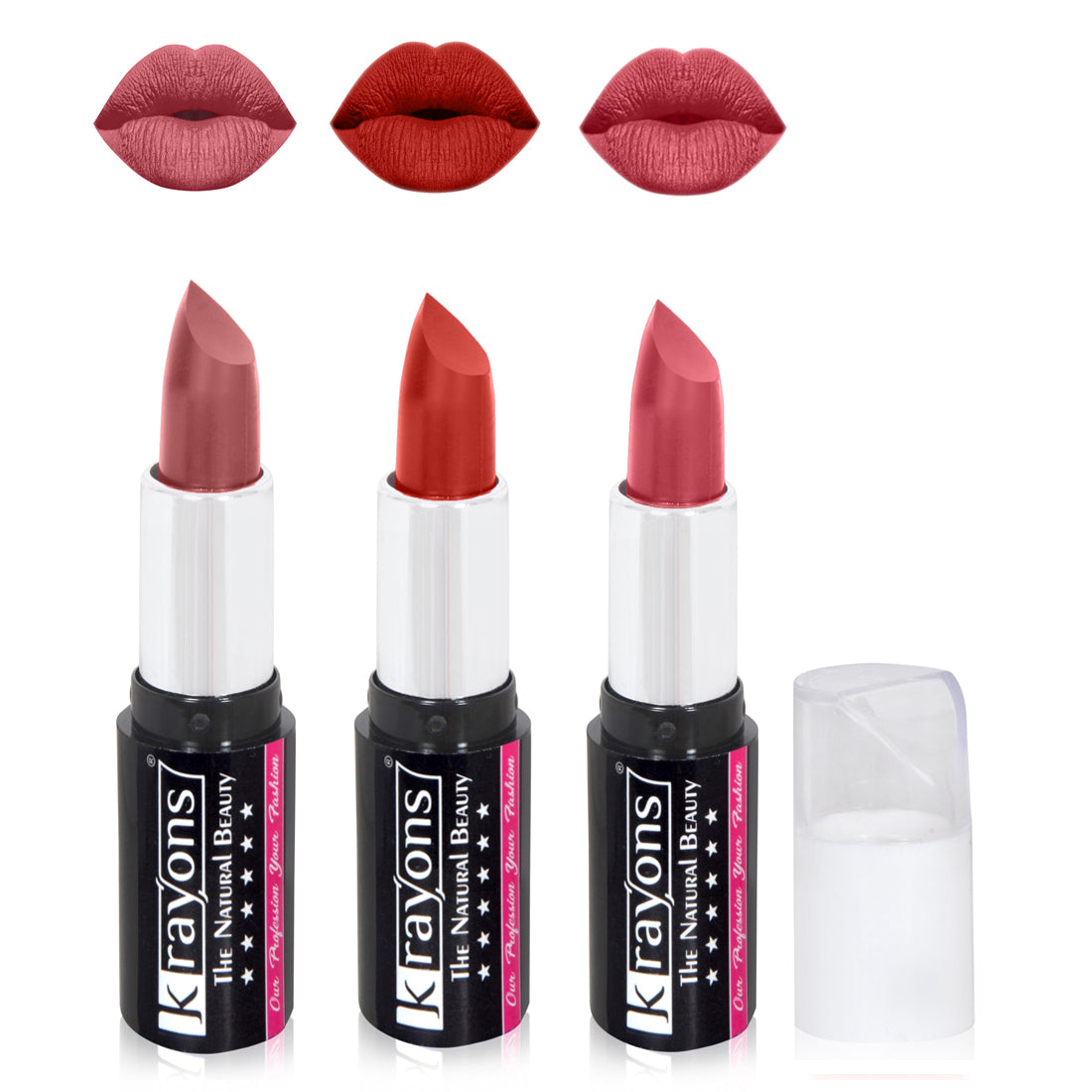 Krayons White Secret Moisturizing Matte lipstick, Waterproof, Long lasting, Coral Nude, Red Orange, Rust Pink, 4gm Each, Combo (Pack of 3)