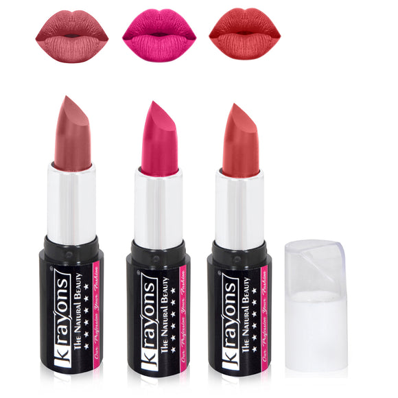 Krayons White Secret Moisturizing Matte lipstick, Waterproof, Long lasting, Coral Nude, Pink Rouge, Indian Red, 4gm Each, Combo (Pack of 3)
