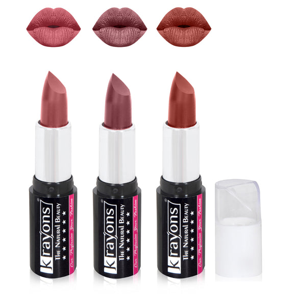 Krayons White Secret Moisturizing Matte lipstick, Waterproof, Long lasting, Coral Nude, Burgundy, Brick Brown, 4gm Each, Combo (Pack of 3)
