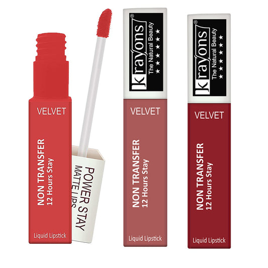Krayons Power Stay Nontransfer 12hrs Stay Matte Liquid Lipstick, Mask Proof, 4ml Each, Combo, Pack of 3 (Burnt Orange, Wow Nude, Red Rush)