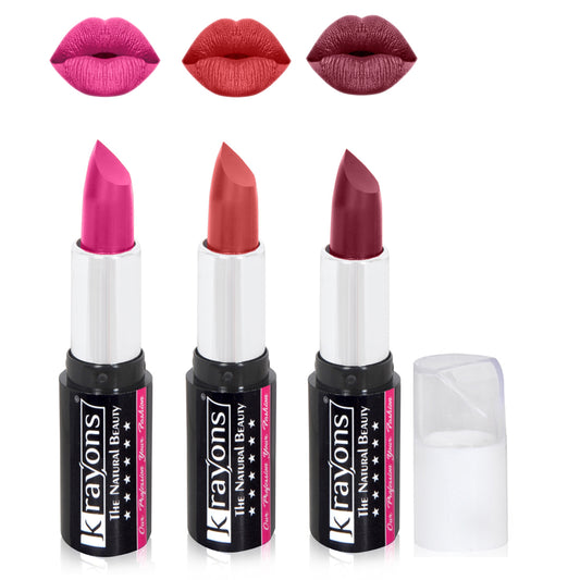 Krayons White Secret Moisturizing Matte lipstick, Waterproof, Long lasting, Blush Pink, Indian Red, Moody Maroon, 4gm Each, Combo (Pack of 3)