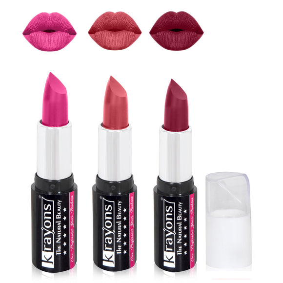 Krayons White Secret Moisturizing Matte lipstick, Waterproof, Long lasting, Blush Pink, Rust Pink, Plum Pink, 4gm Each, Combo (Pack of 3)