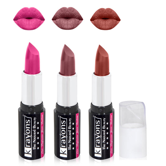 Krayons White Secret Moisturizing Matte lipstick, Waterproof, Long lasting, Blush Pink, Burgundy, Brick Brown, 4gm Each, Combo (Pack of 3)