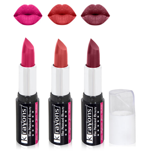 Krayons White Secret Moisturizing Matte lipstick, Waterproof, Long lasting, Pink Rouge, Indian Red, Moody Maroon, 4gm Each, Combo (Pack of 3)